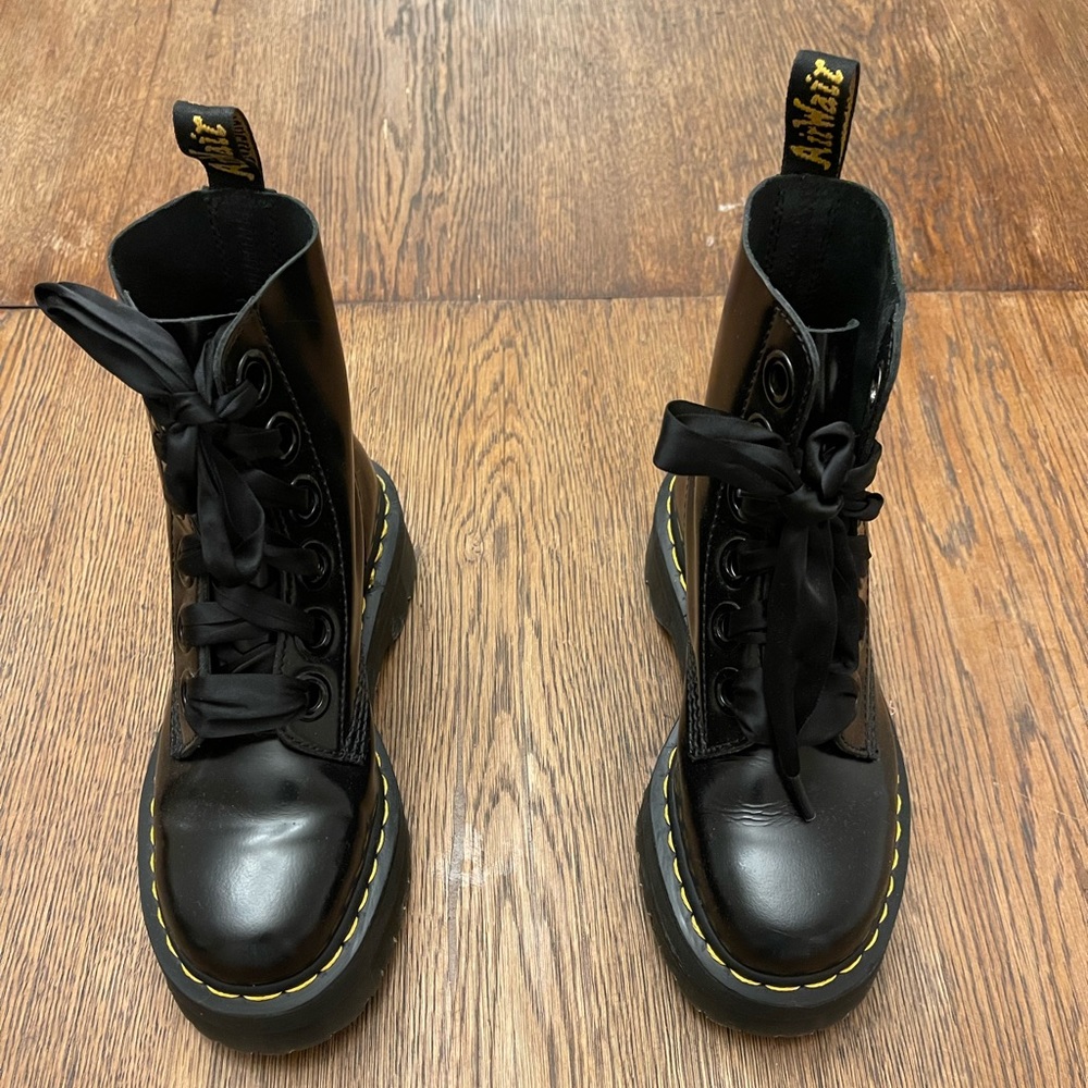 Dr. Martens Black Leather Lace-Up Kids Boots with Yellow Stitching